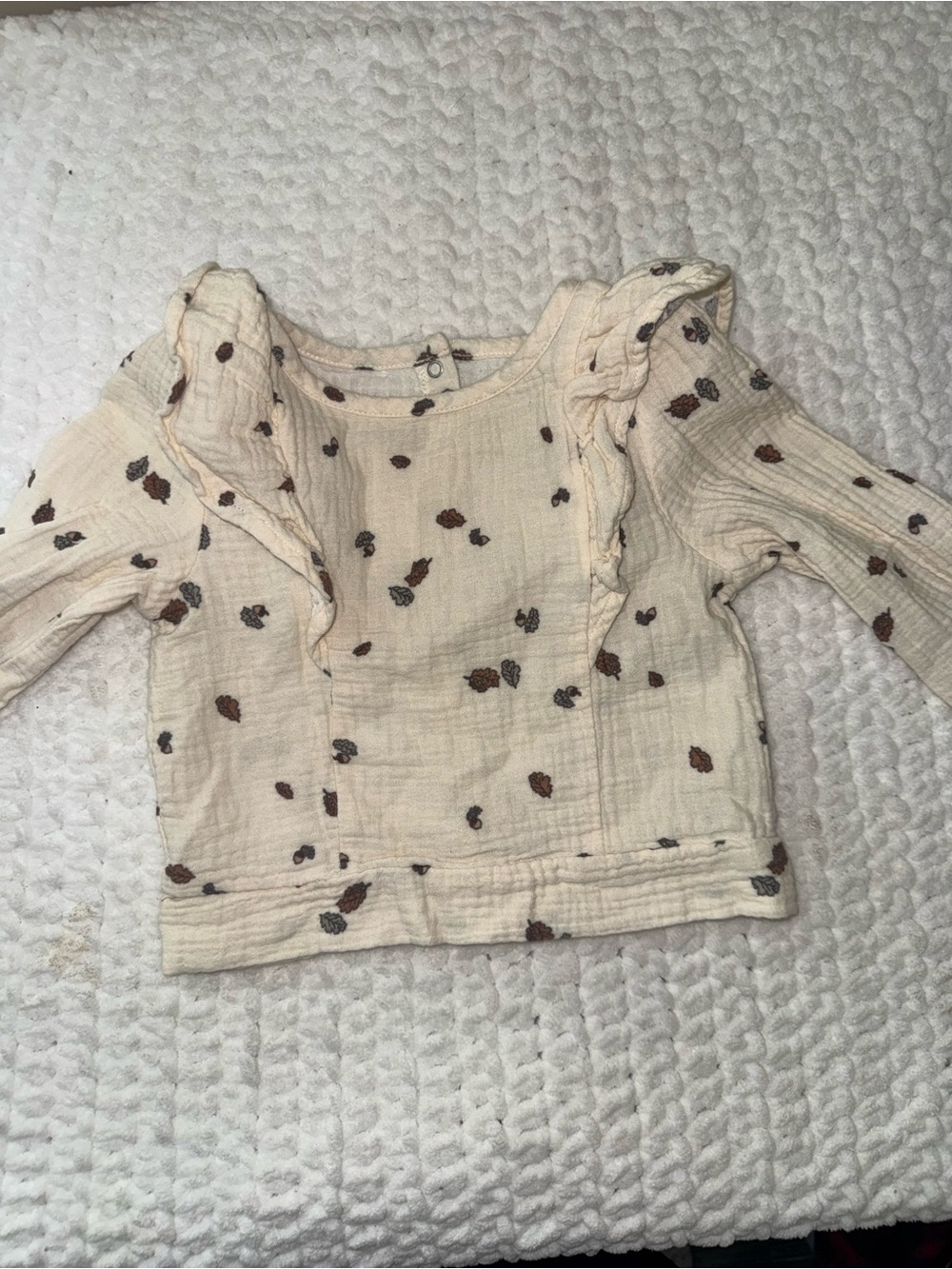 Cream Ruffle Shoulder Long-Sleeve Top with Brown Floral Dots - Kids